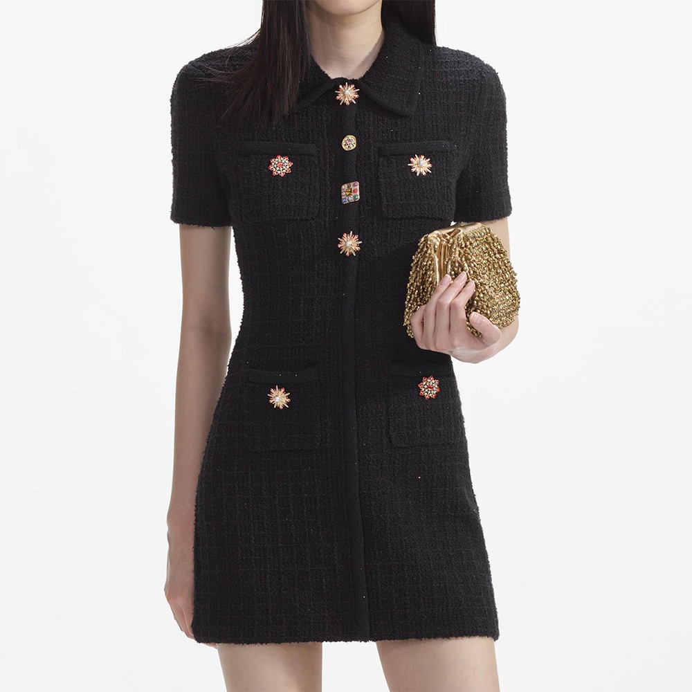 Jewel Button Knit Mini Dress - Black