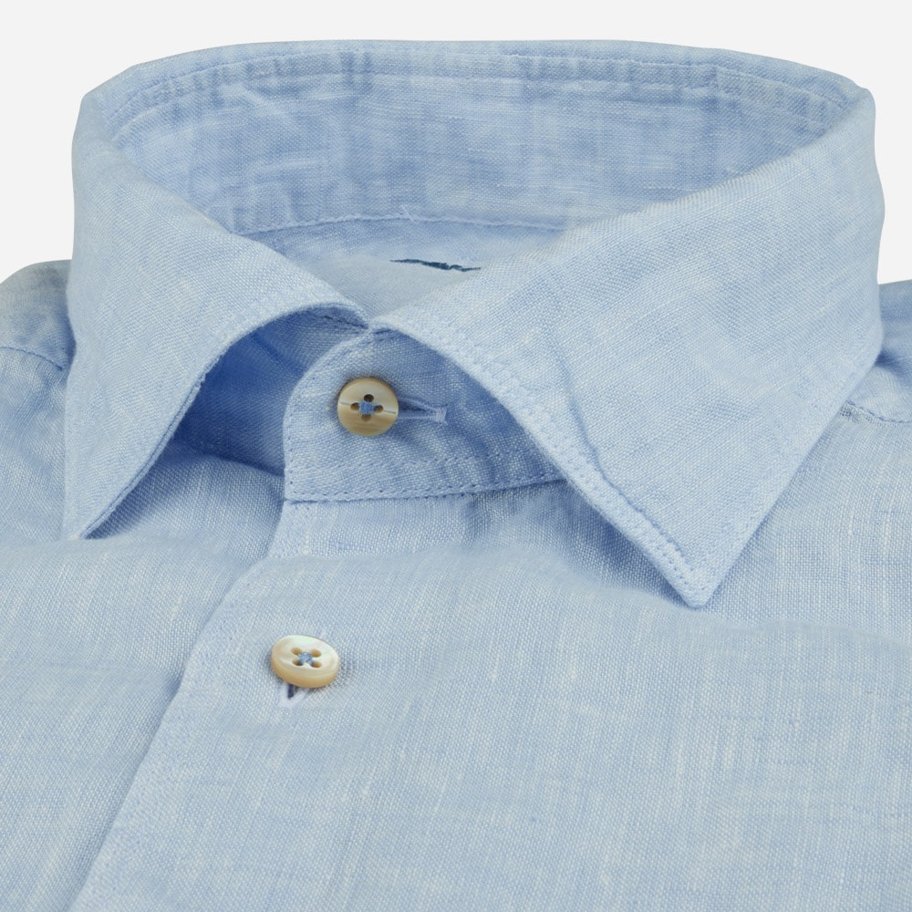 Fitted Body Short Sleeve Linen Shirt - Light Blue