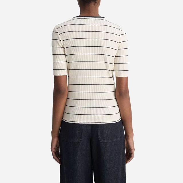 Striped Ribbed Stretch-Cotton Elbow-Sleeve T-Shirt - Flaxken-Deep Lake