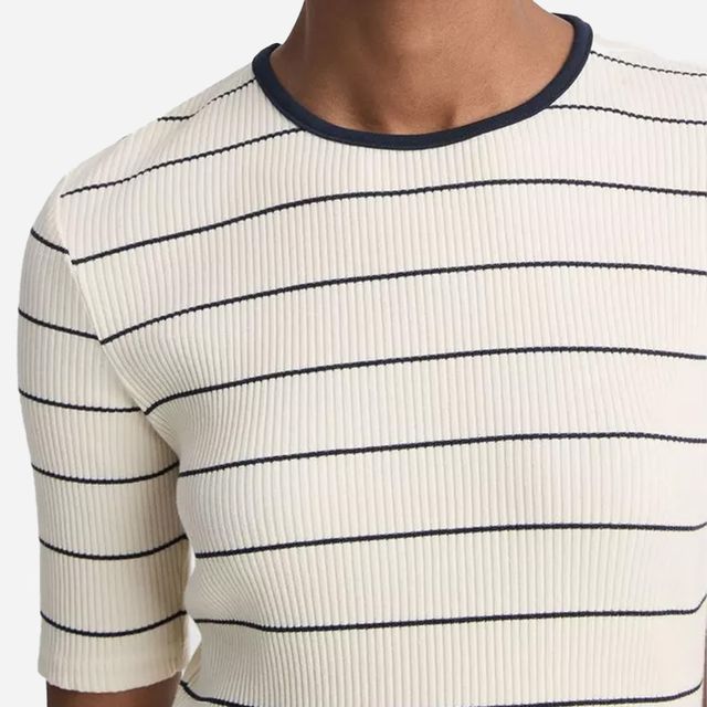 Striped Ribbed Stretch-Cotton Elbow-Sleeve T-Shirt - Flaxken-Deep Lake