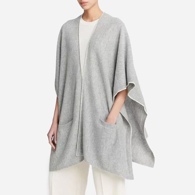 Cashmere Tipped Jersey Knit Cape With Pockets - Med Grey