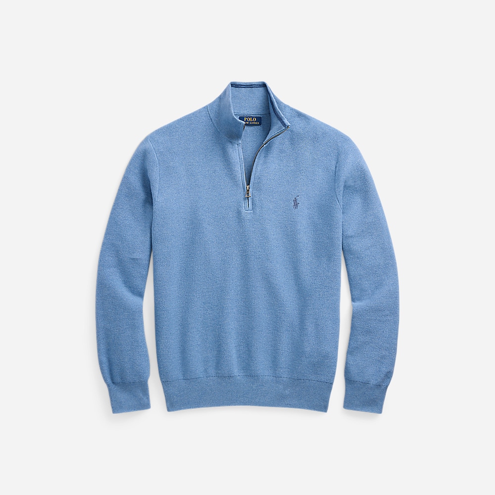 Mesh-Knit Cotton Quarter-Zip Sweater - Lake Heather