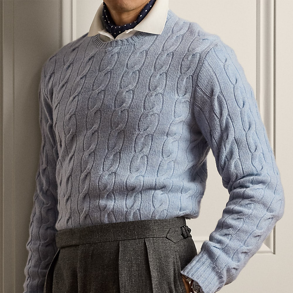 Cable-Knit Cashmere Sweater - Soft Blue Melange