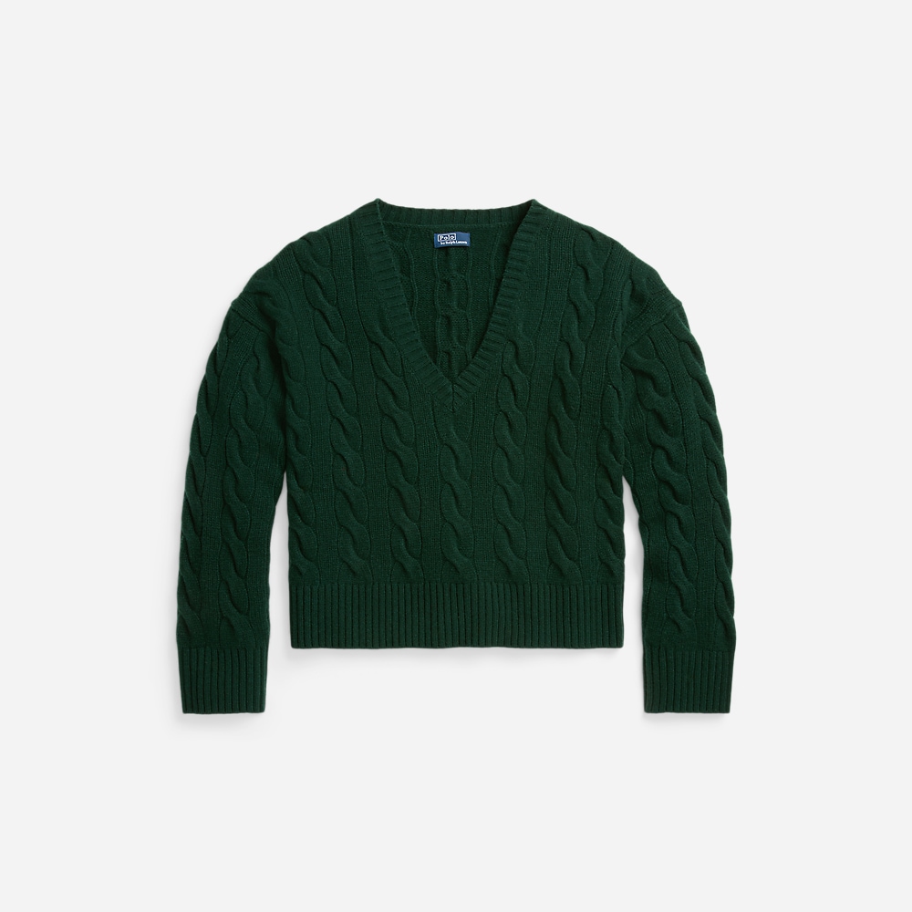 Cable-Knit Wool-Cashmere V-Neck Sweater - Moss Agate