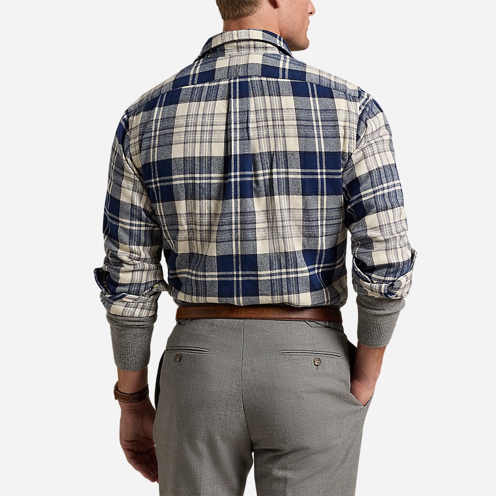 Custom Fit Plaid Brushed Flannel Shirt - Off White/Navy