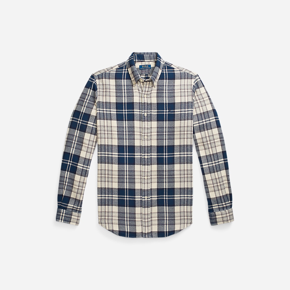 Custom Fit Plaid Brushed Flannel Shirt - Off White/Navy