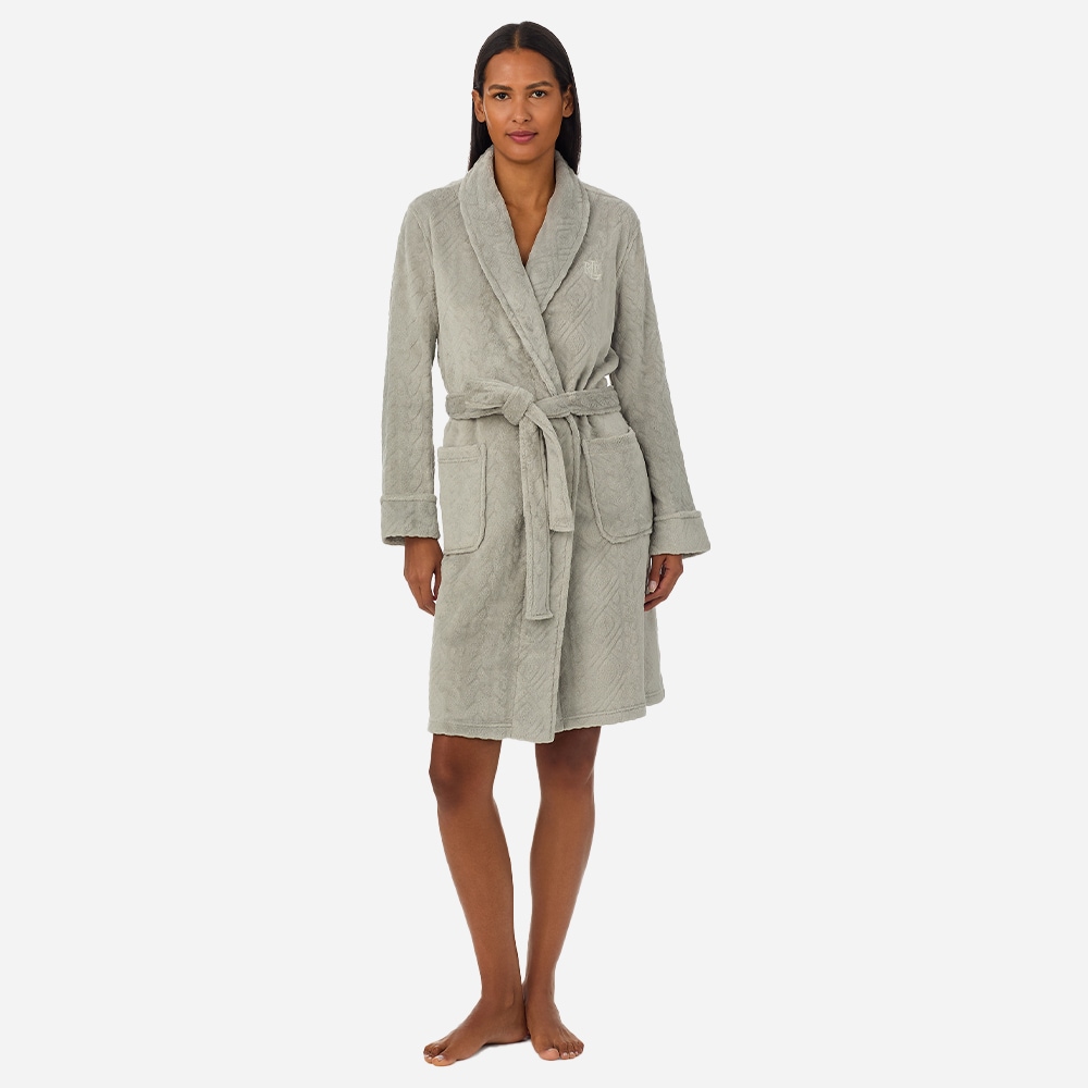 Aran-Clipped Shawl Collar Short Robe - Grey