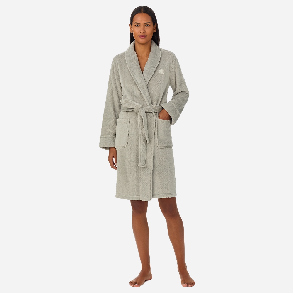 Aran-Clipped Shawl Collar Short Robe - Grey