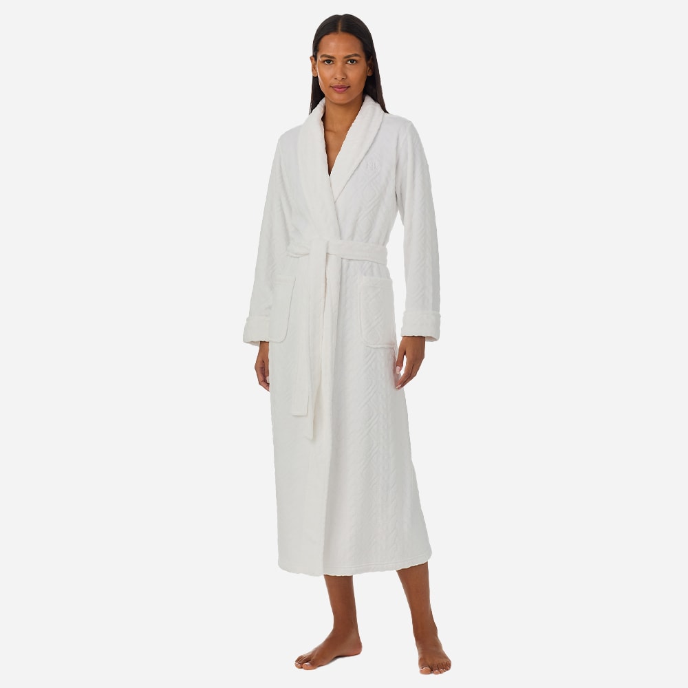 Aran-Clipped Shawl Collar Long Robe - White