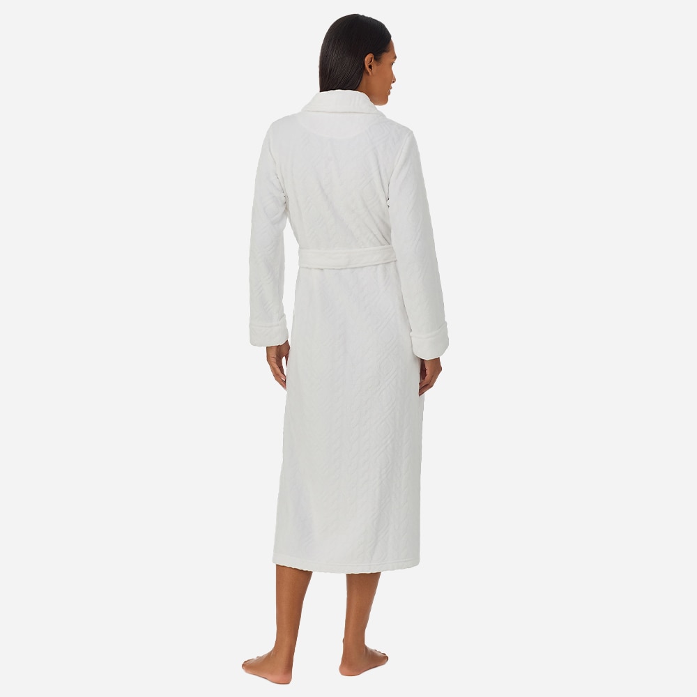 Aran-Clipped Shawl Collar Long Robe - White