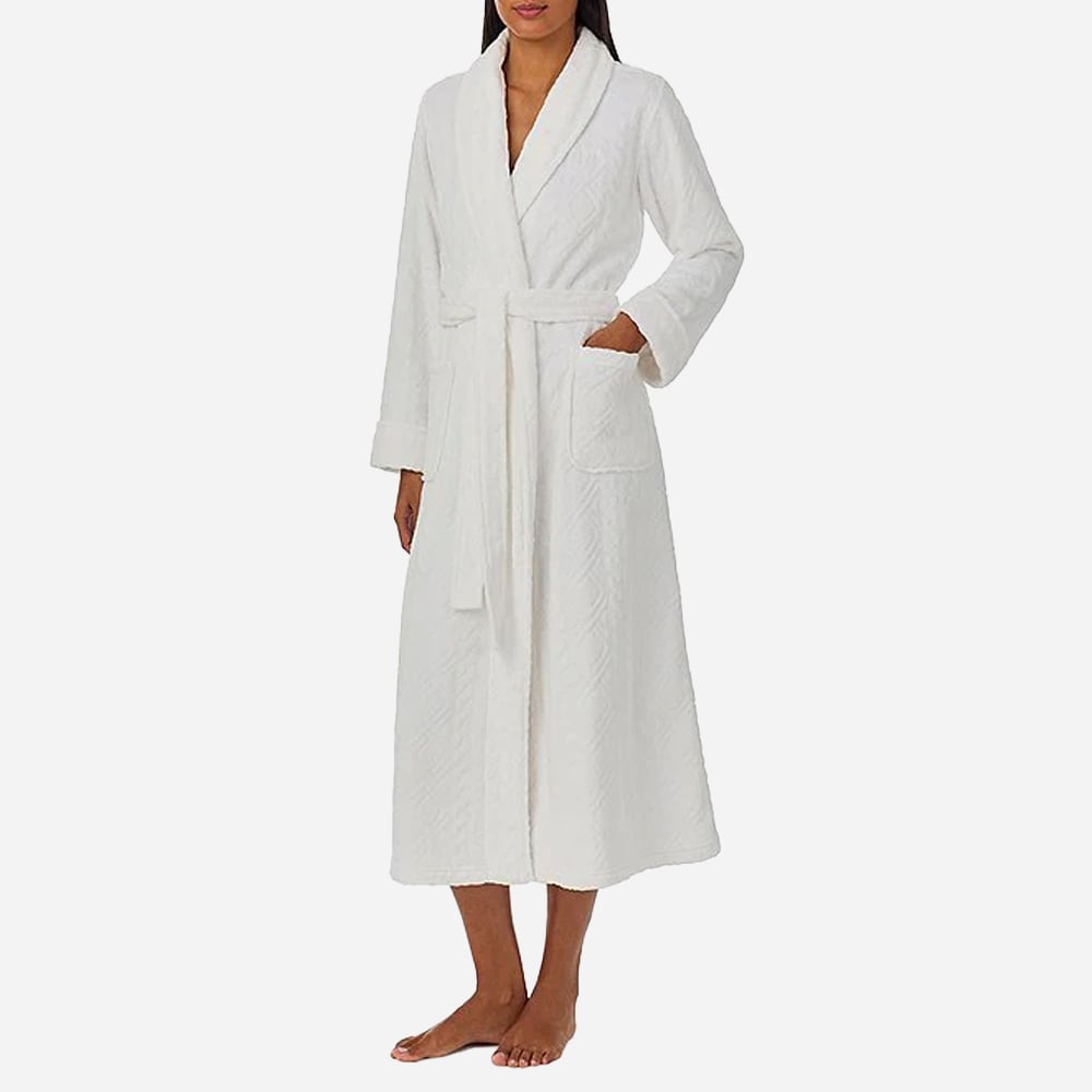 Aran-Clipped Shawl Collar Long Robe - White