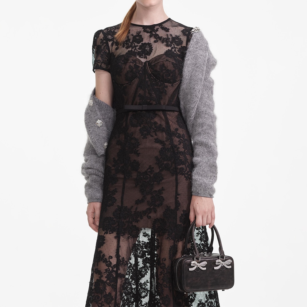 Lace Bustier Midi Dress - Black