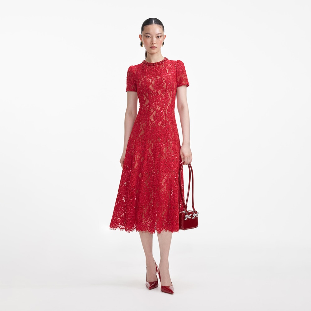 Sequin Lace Midi Dress - Red