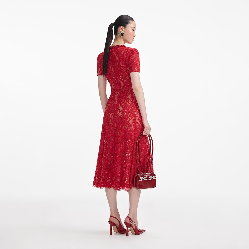 Sequin Lace Midi Dress - Red