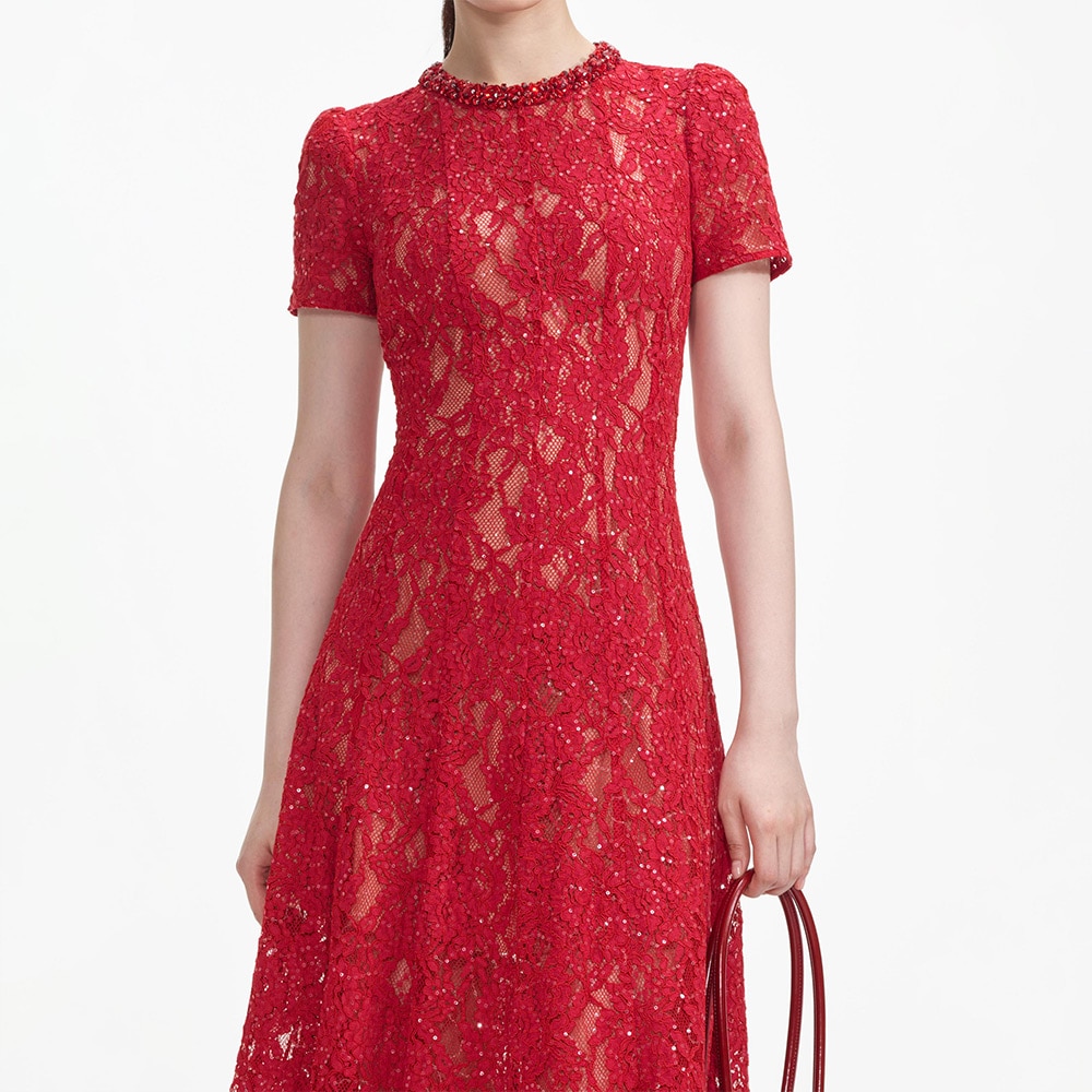 Sequin Lace Midi Dress - Red