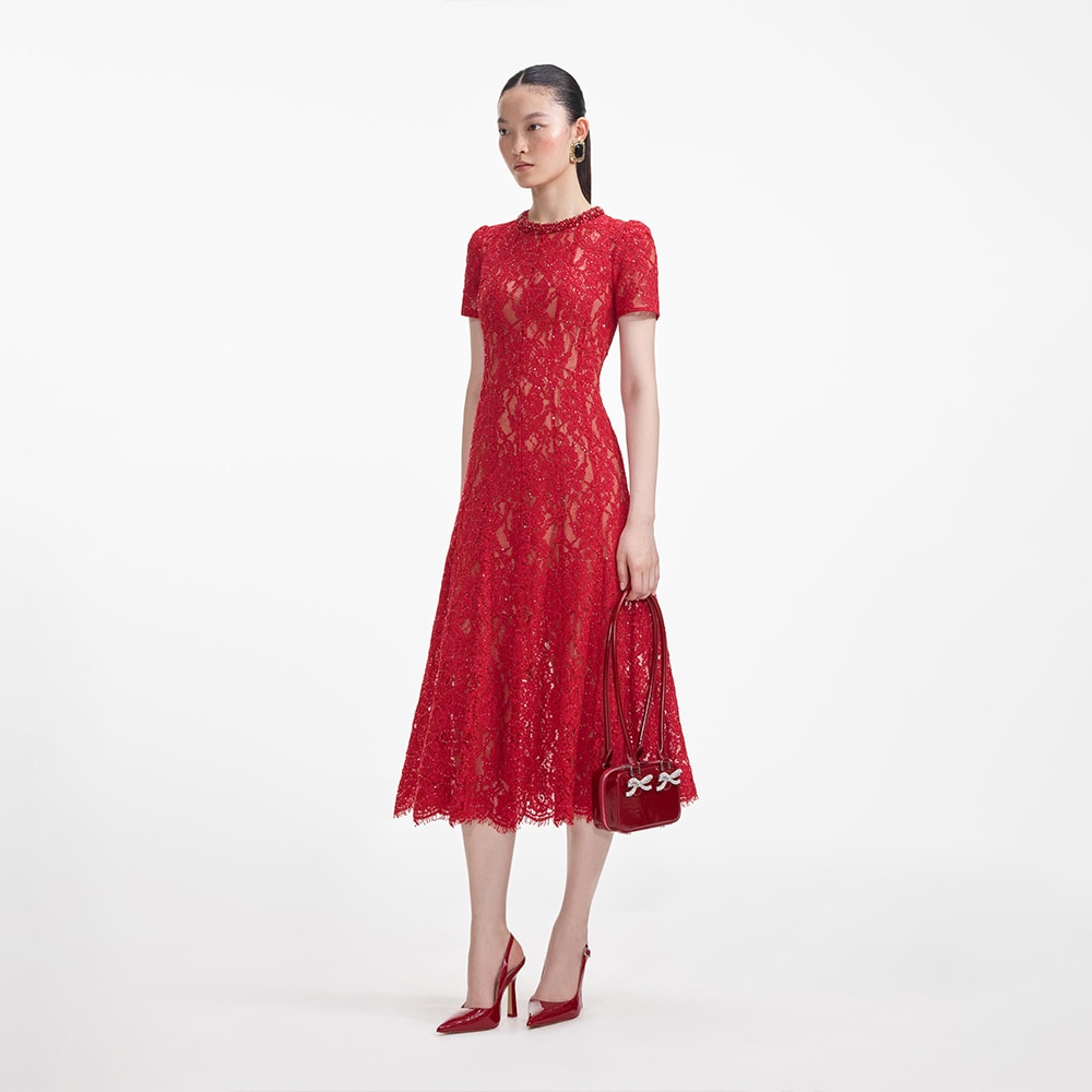 Sequin Lace Midi Dress - Red