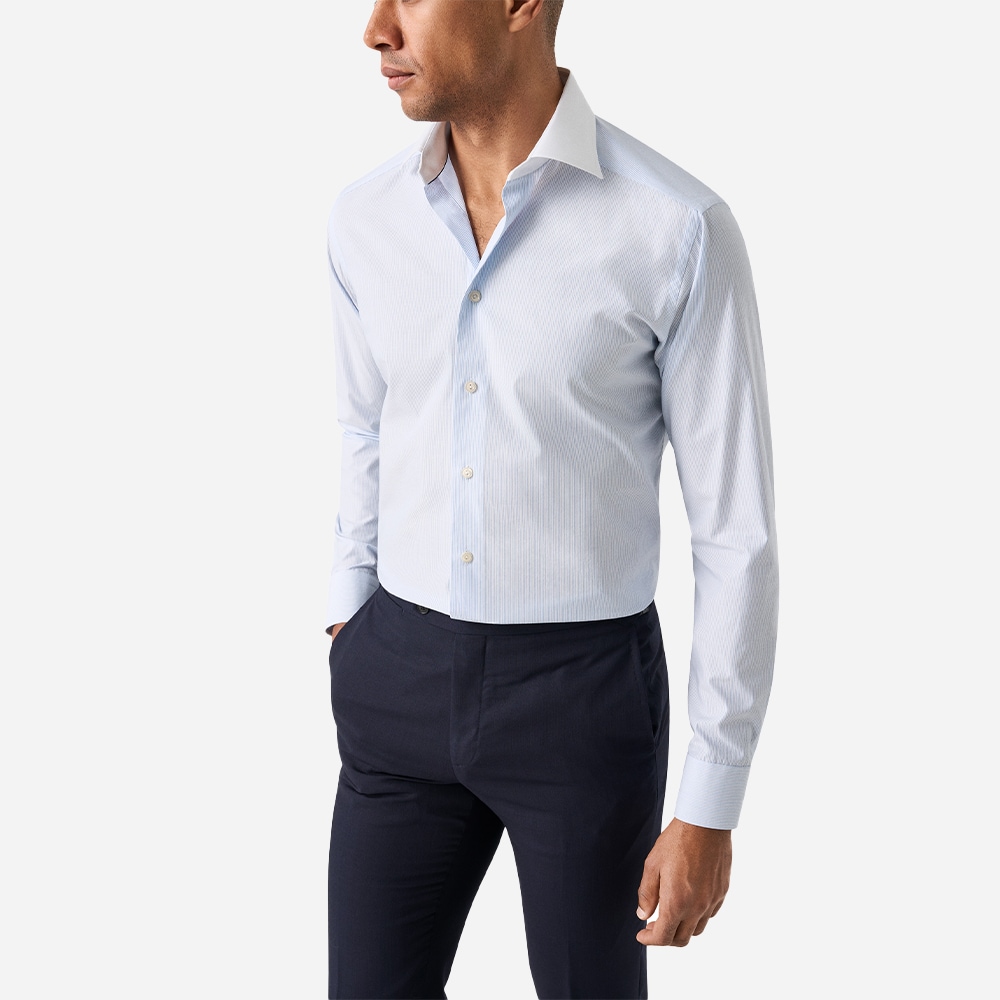 Slim White Collar Twill Shirt - Ligth Blue Striped