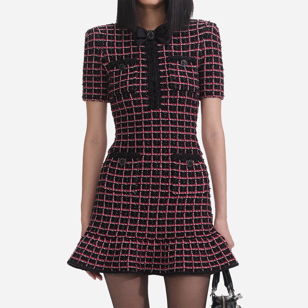 Check Knit Mini Dress - Black & Red