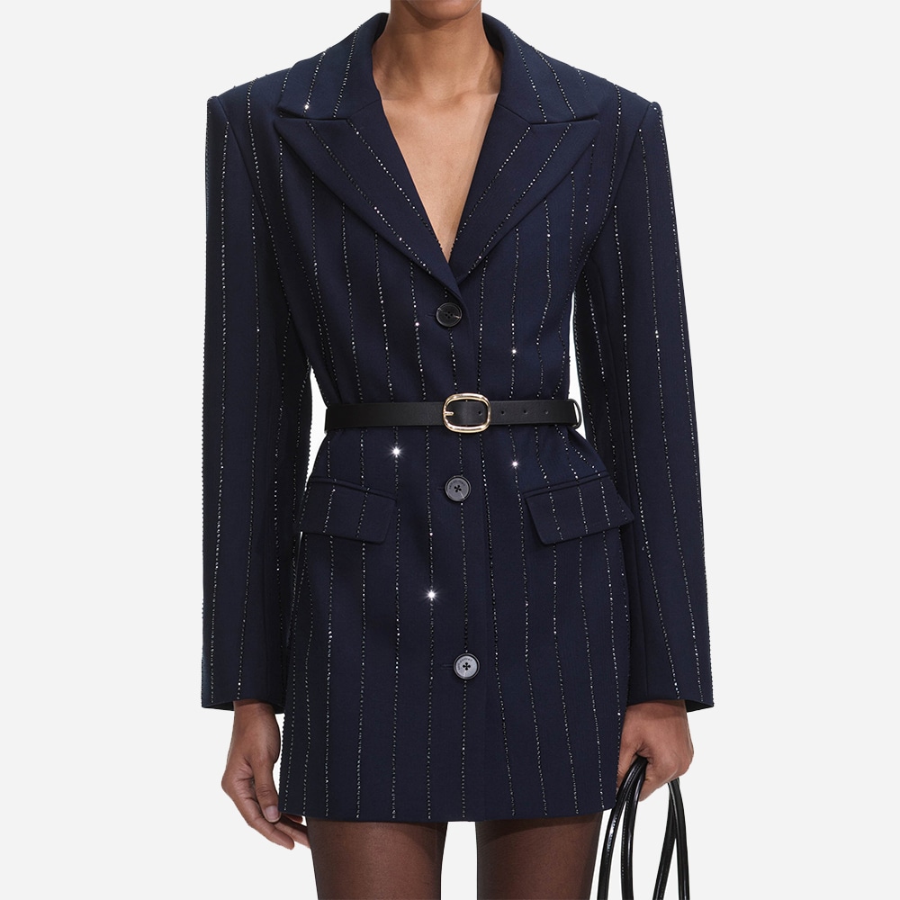 Rhinestone Pinstripe Blazer - Navy