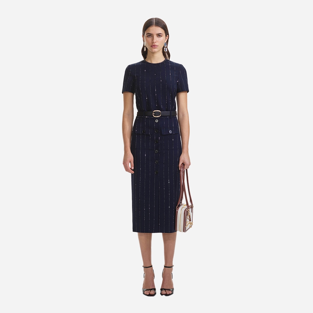 Rhinestone Pinstripe Midi Skirt - Navy