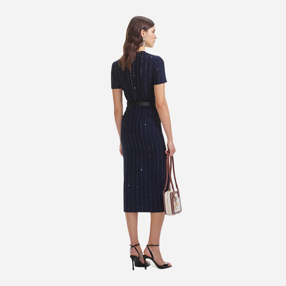 Rhinestone Pinstripe Midi Skirt - Navy