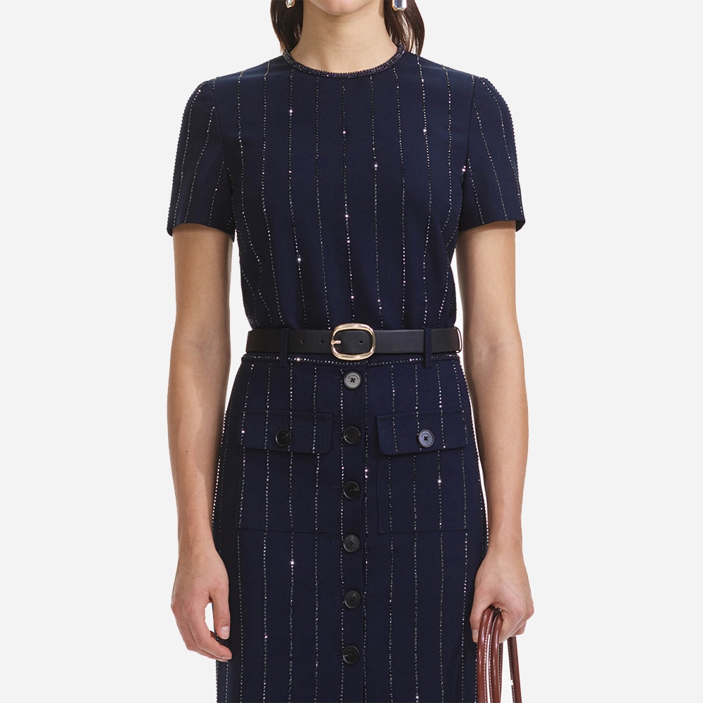 Rhinestone Pinstripe Midi Skirt - Navy