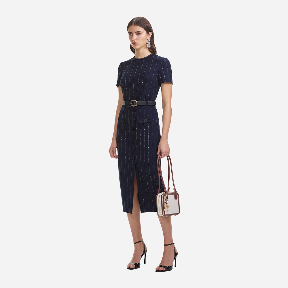 Rhinestone Pinstripe Midi Skirt - Navy