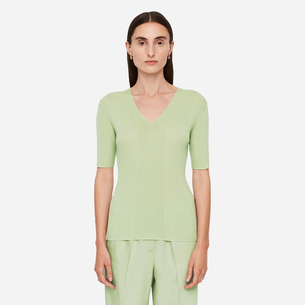 Fine Merino Rib V-Neck Top - Matcha