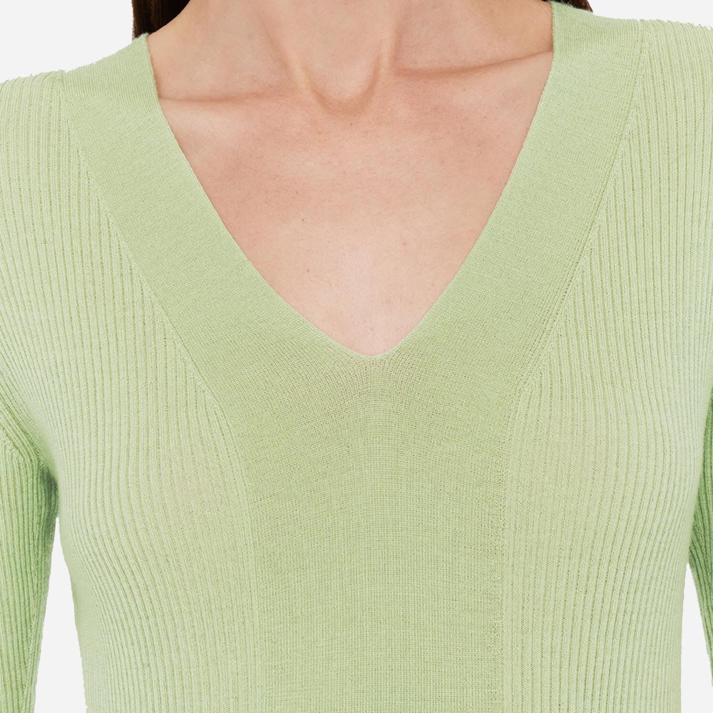 Fine Merino Rib V-Neck Top - Matcha