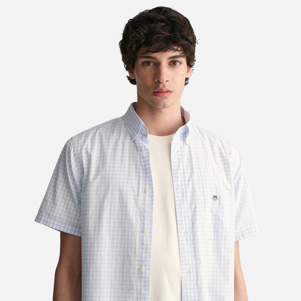 Regular Poplin Gingham Short Sleeve Shirt - Light Blue