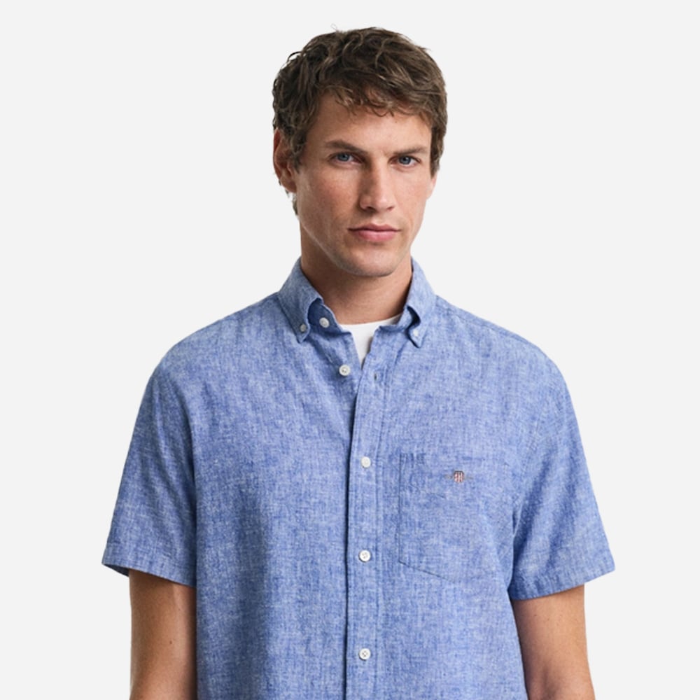 Regular Cotton Linen Short Sleeve Shirt - Rich Blue