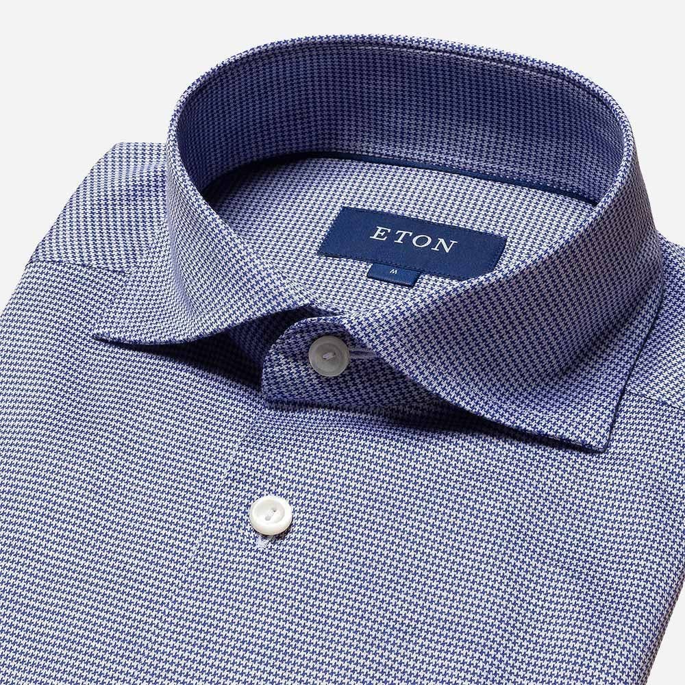Slim Fit Knit Shirt - Mid Blue Houndstooth