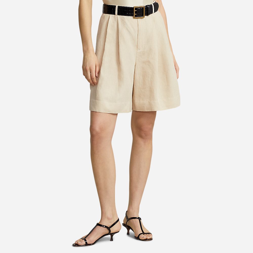 Relaxed Fit Long Pleated Linen Short - Basic Sand
