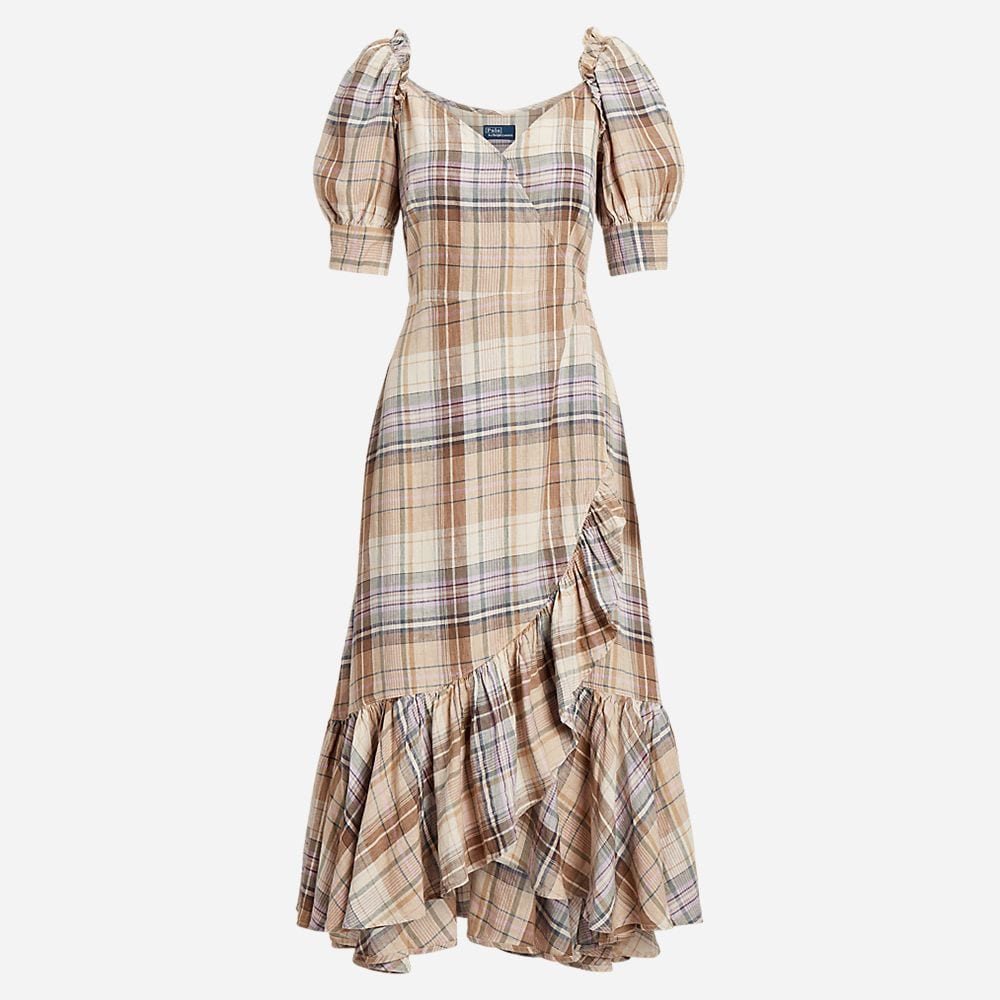 Plaid Linen Wrap Dress - Brown Multi Plaid