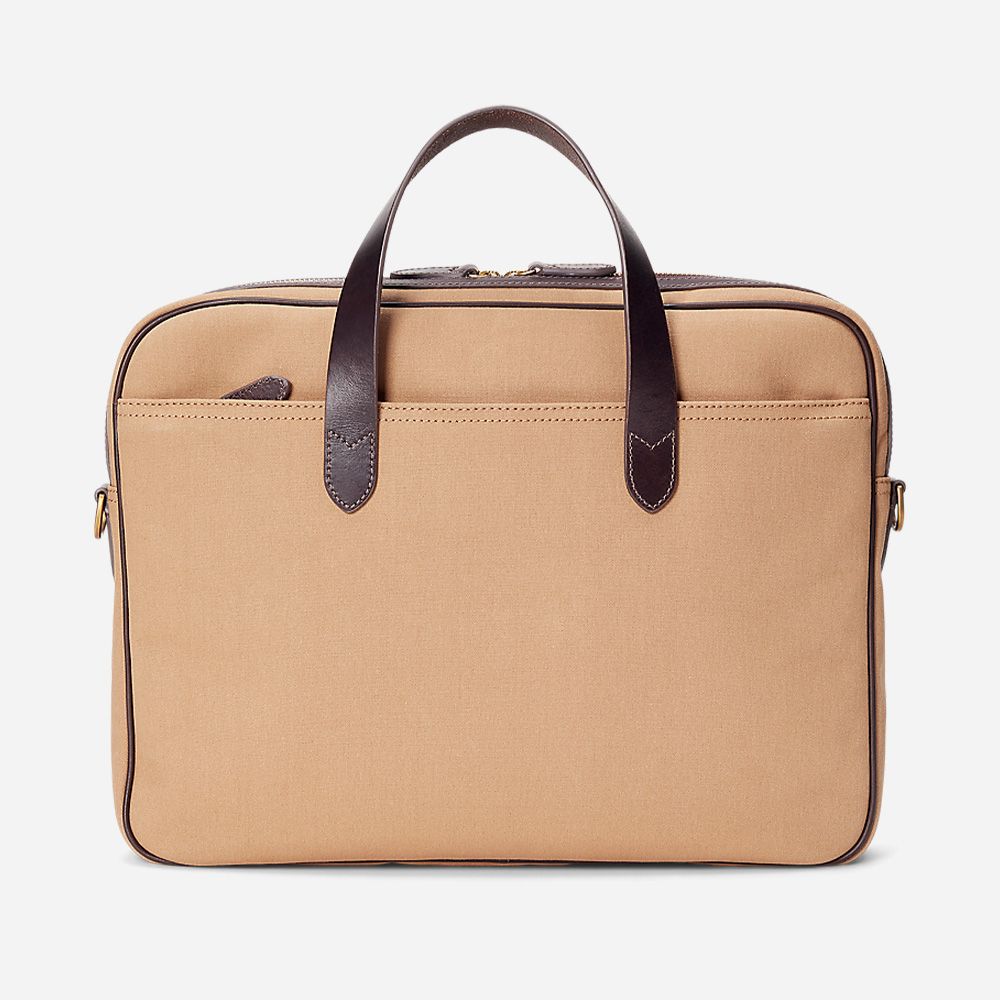 Leather-Trim Canvas Briefcase - Tan/Brown