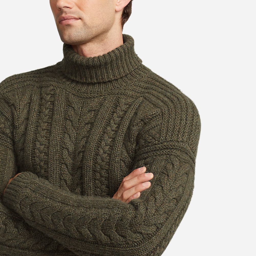 Aran Knit Cashmere Turtleneck Sweater - Thickt Moss Melange