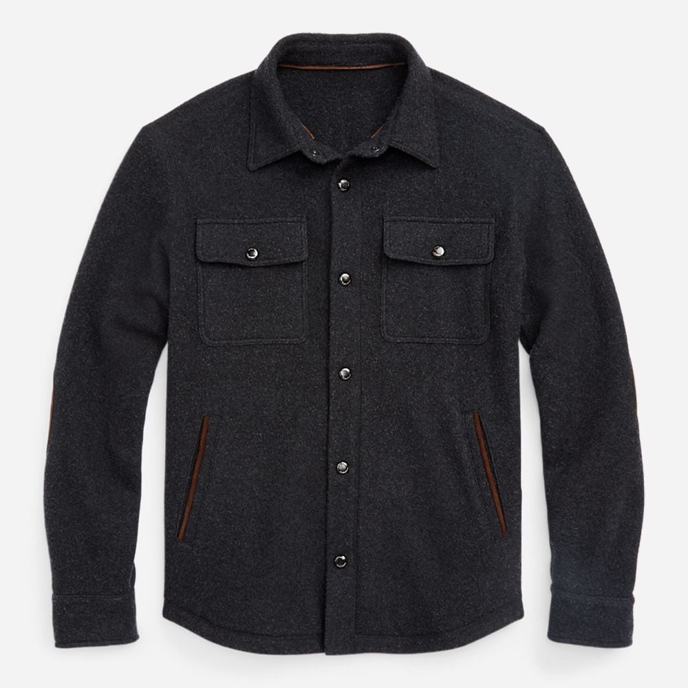 Suede Trim Wool Cashmere Shirt Jacket - Charcoal