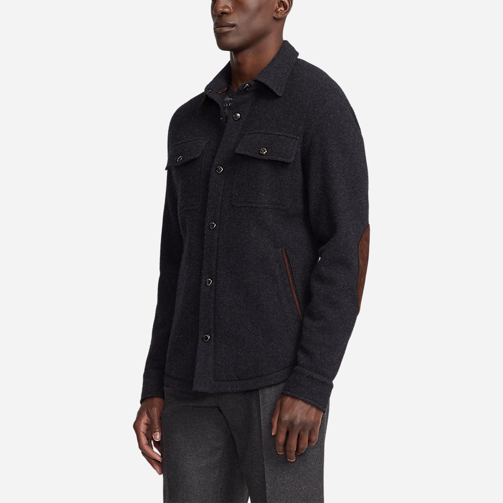Suede Trim Wool Cashmere Shirt Jacket - Charcoal