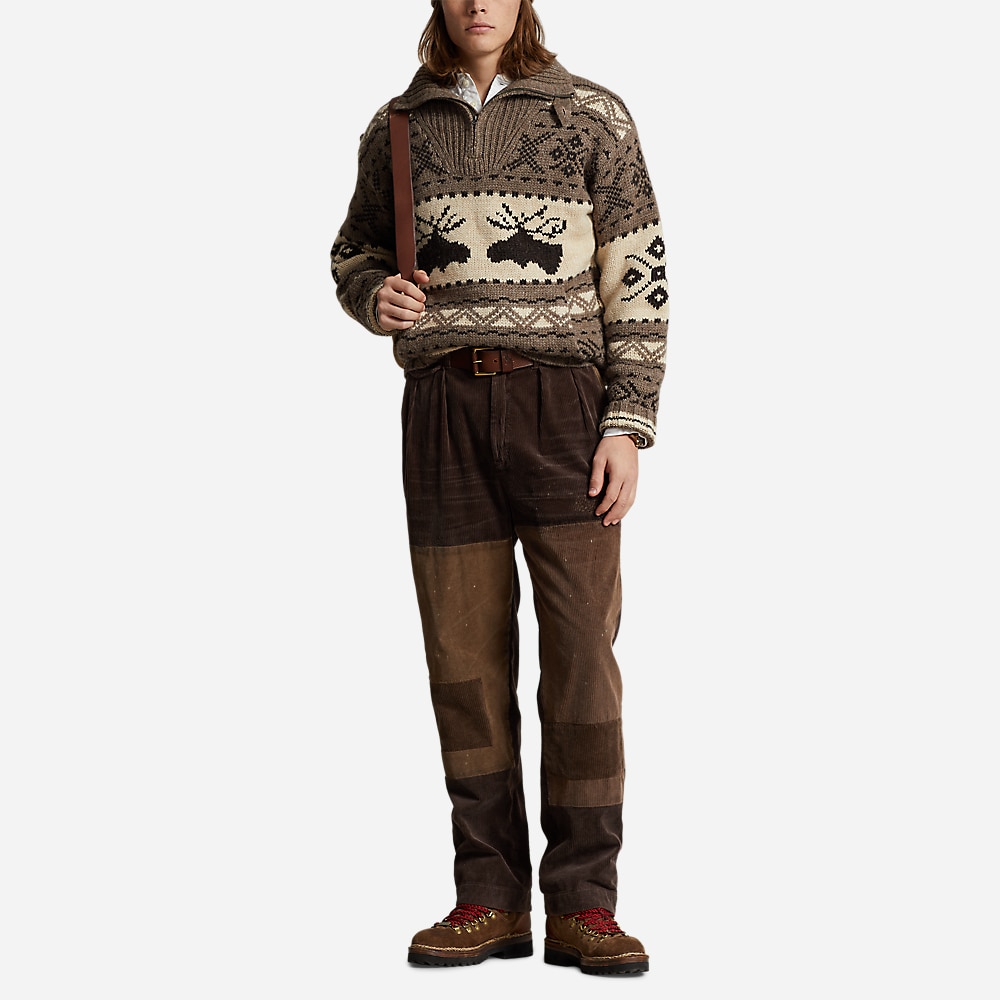 Moose-Intarsia Quarter-Zip Sweater - Med Brown Combo