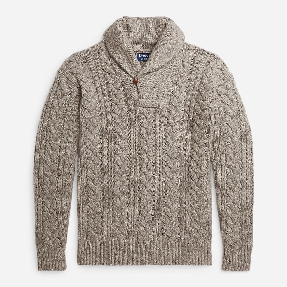 Cable Knit Shawl Collar Jumper - Bark Donegal
