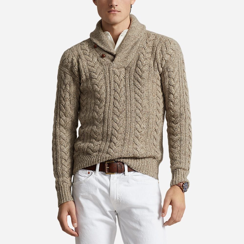 Cable Knit Shawl Collar Jumper - Bark Donegal