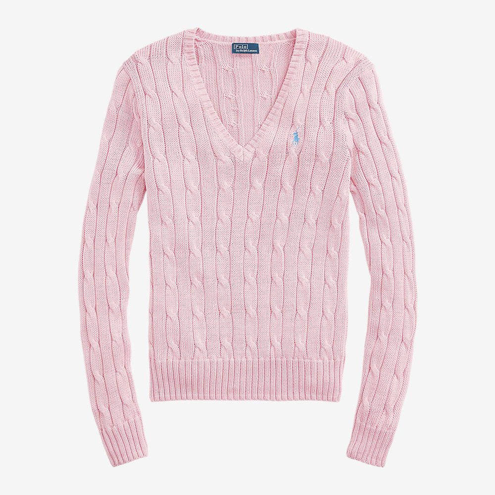 Cable-Knit Cotton V-Neck Sweater - Carmel Pink