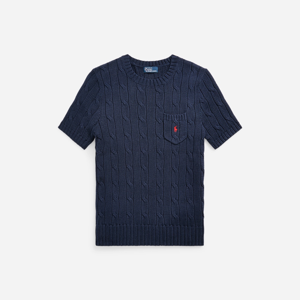 Cable-Knit Cotton Short-Sleeve Sweater - Hunter Navy