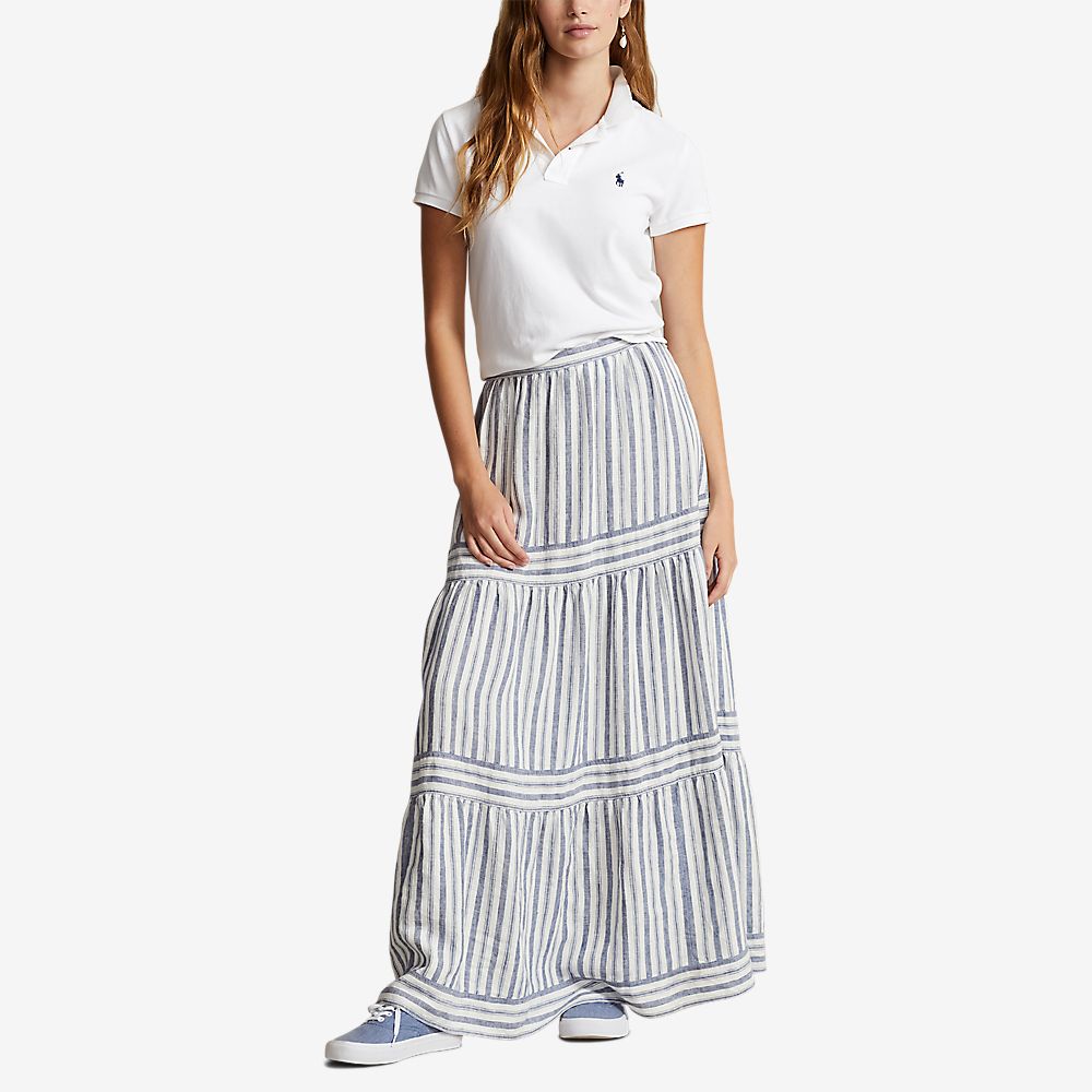 Striped Tiered A-Line Linen Skirt - Navy/Cream Multi Stripe