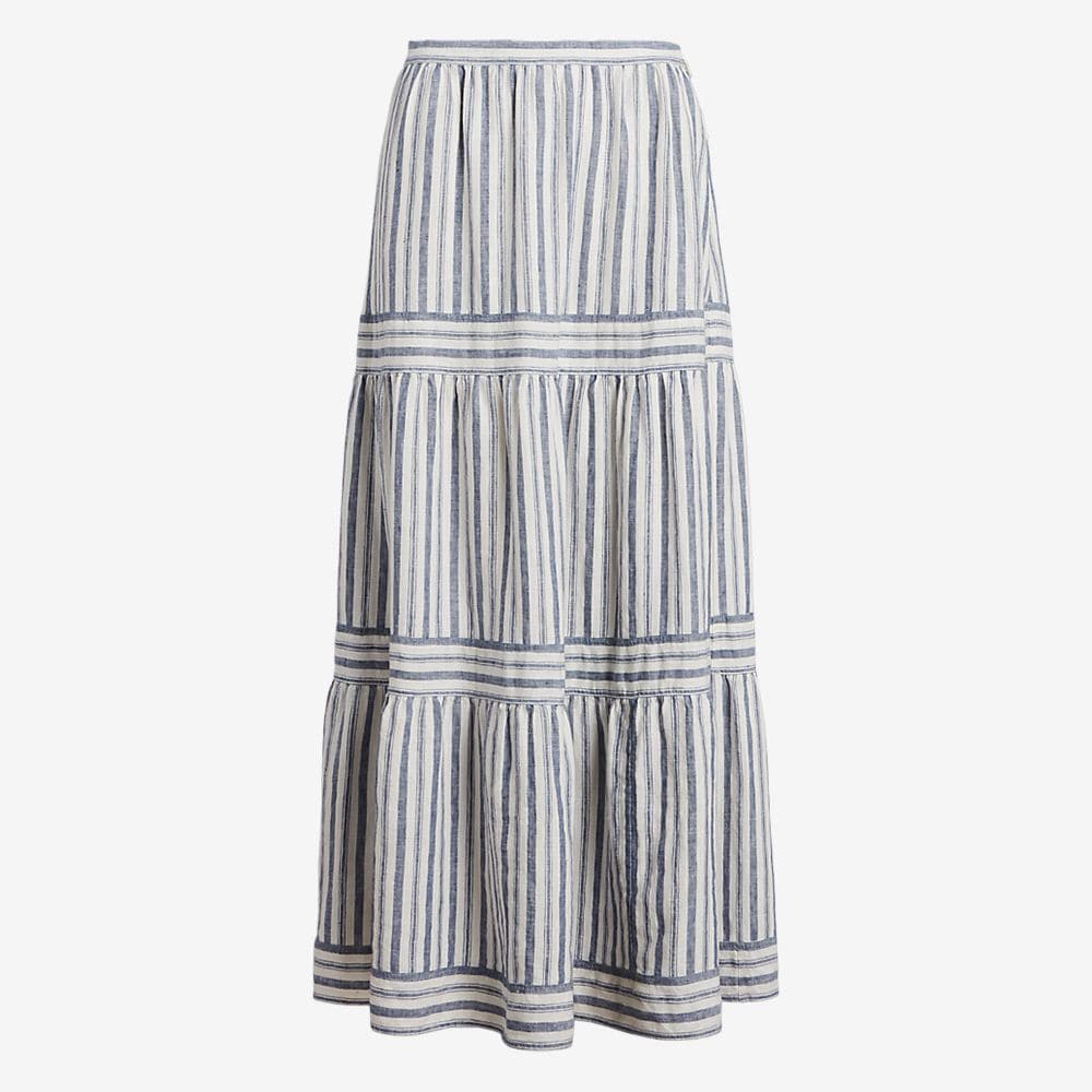 Striped Tiered A-Line Linen Skirt - Navy/Cream Multi Stripe