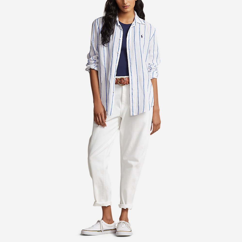 Relaxed Fit Linen Shirt - White/Royal