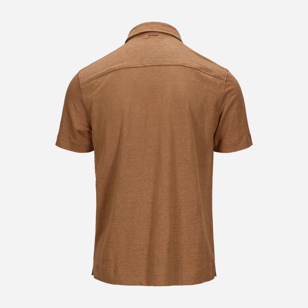 Short Sleeve Linen Polo - Medium Brown