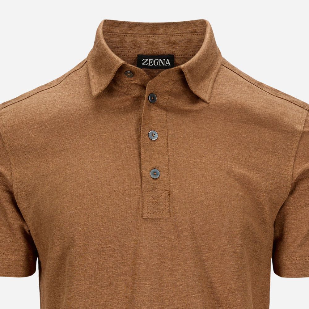 Short Sleeve Linen Polo - Medium Brown