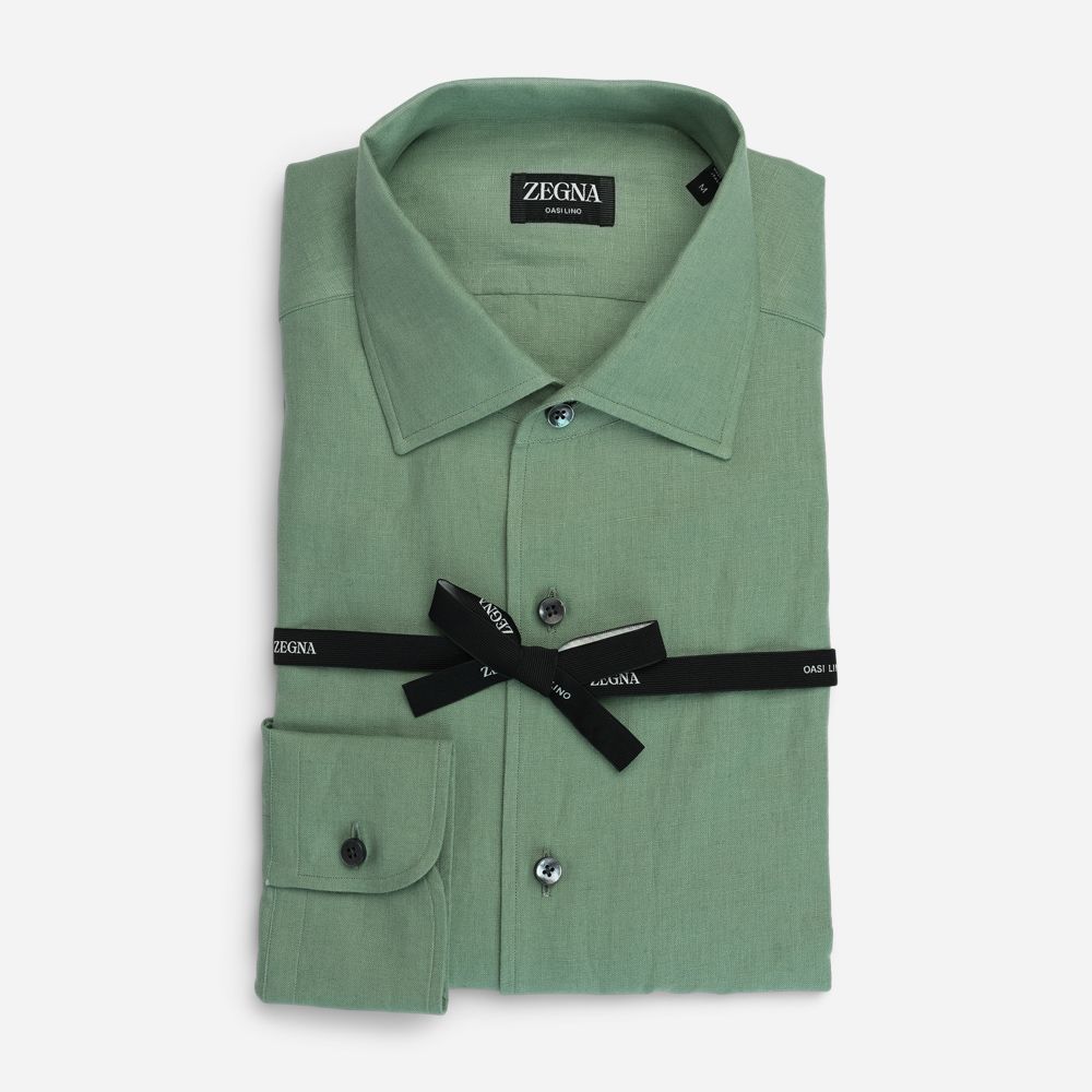 Long Sleeve Linen Dress Shirt - Green