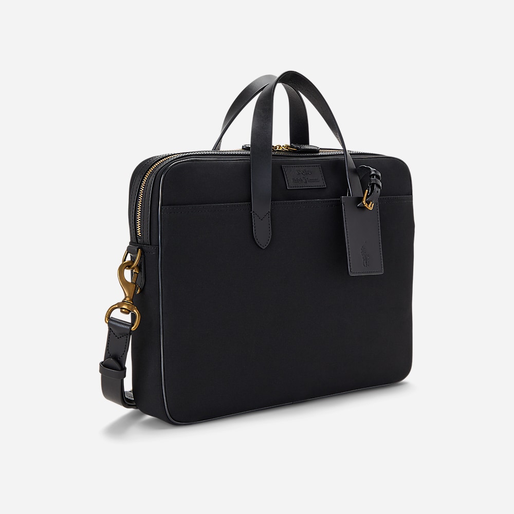 Leather-Trim Canvas Briefcase - Black/Black